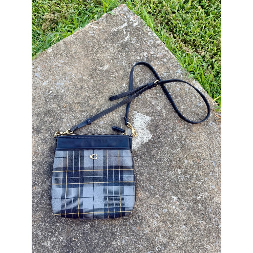 Rare Coach Kitt Gray Plaid Mini Rowen Crossbody Bag Gold C Logo‎ CF241